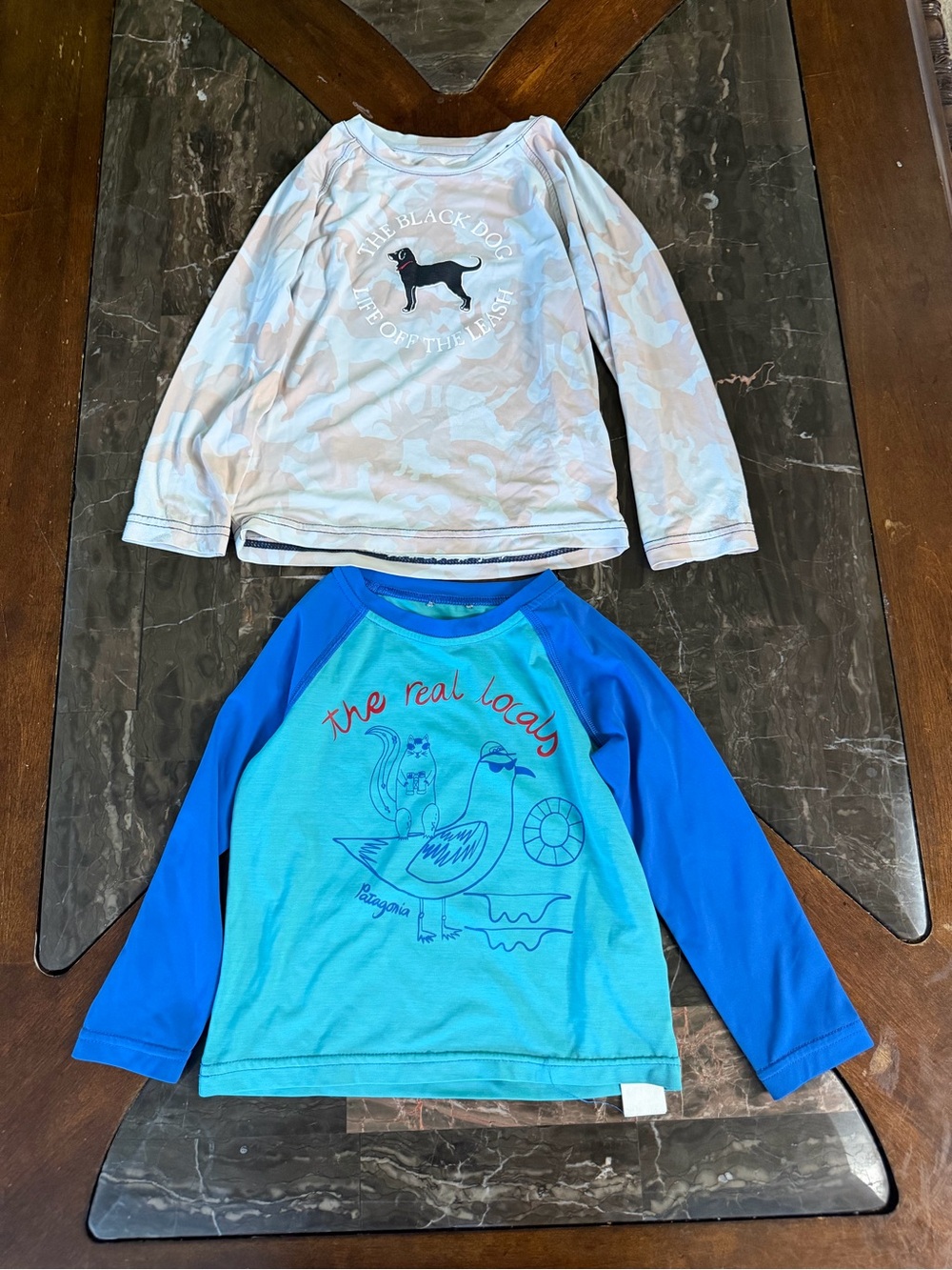 Patagonia Kids Two-Tone Blue Long-Sleeve Tee with Graphic and one black dog 3t